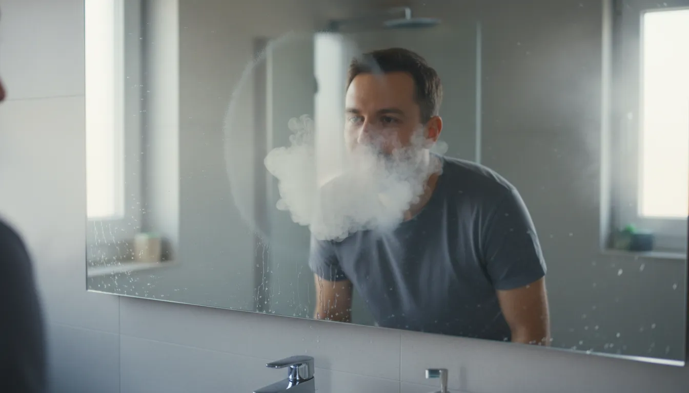 Иллюстрация fog a mirror: to breathe on a surface until it becomes cloudy