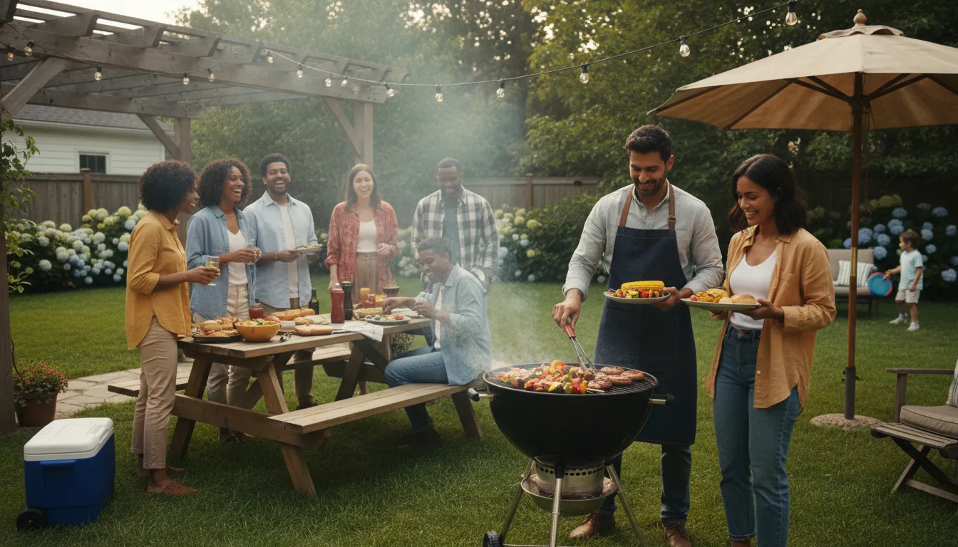 barbecueのイラスト：meal that has been cooked on a grill, outdoors