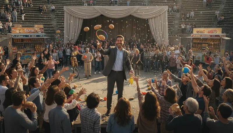 Illustration of bread and circuses: Entertainment to distract from serious issues.