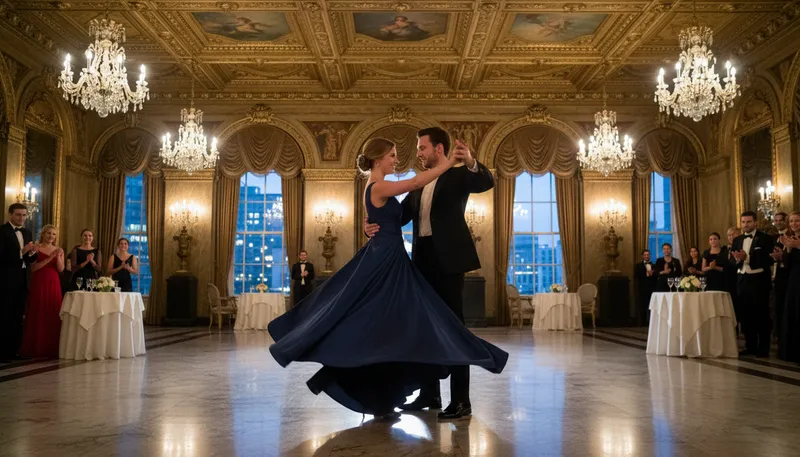 Illustration of ballroom: A large room for dancing and social events.