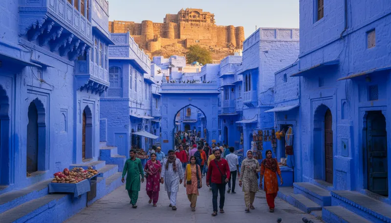 Illustration of jodhpur: A city in India known for its blue buildings.