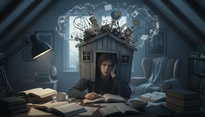 Illustration of my head's a shed: Feeling confused or mentally cluttered.