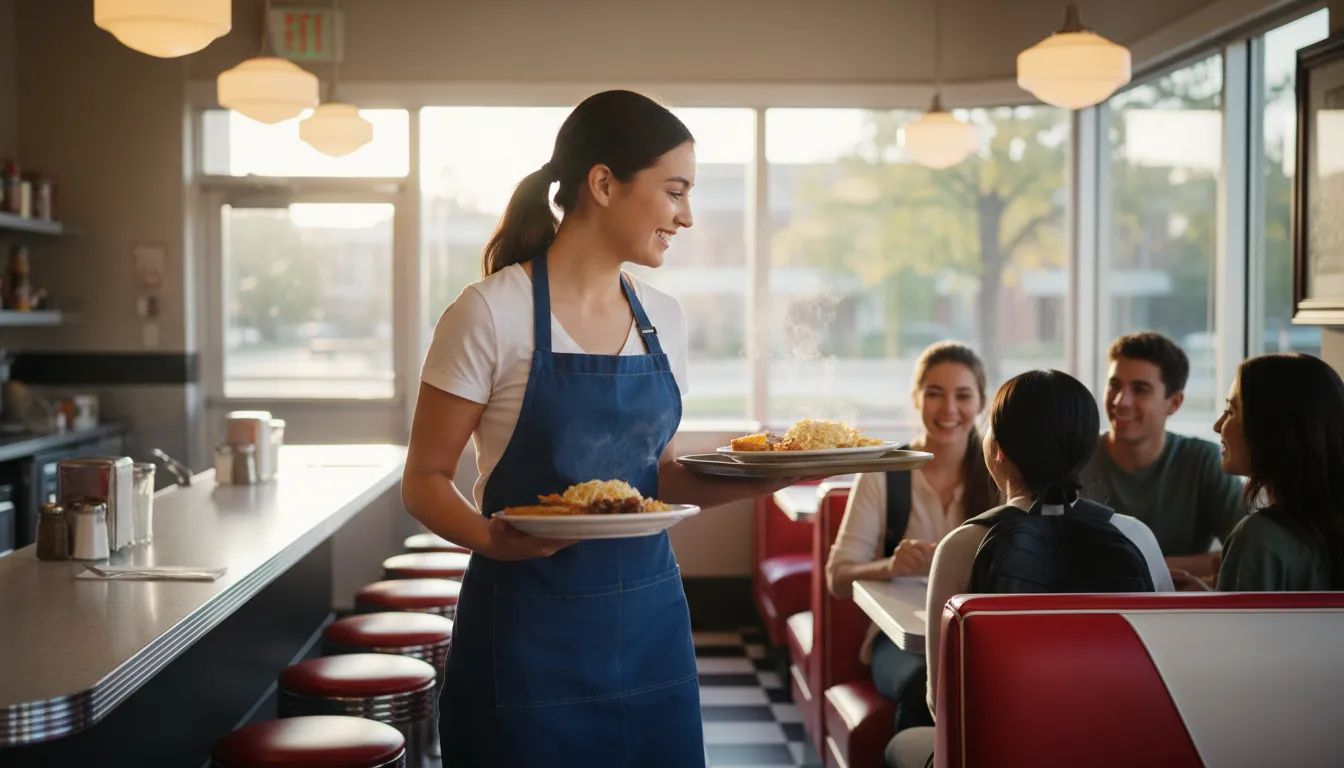 Illustration of wait on: To serve food and drinks to people, as in a restaurant.