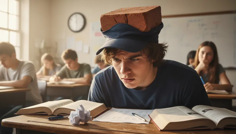 Illustration of brick in one's hat: A person who is foolish or slow-witted.