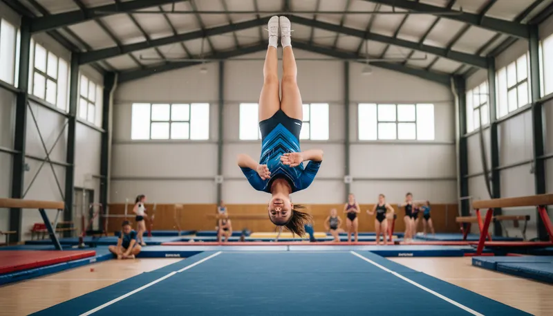Illustration of tumbler: gymnast performing various flips and tricks
