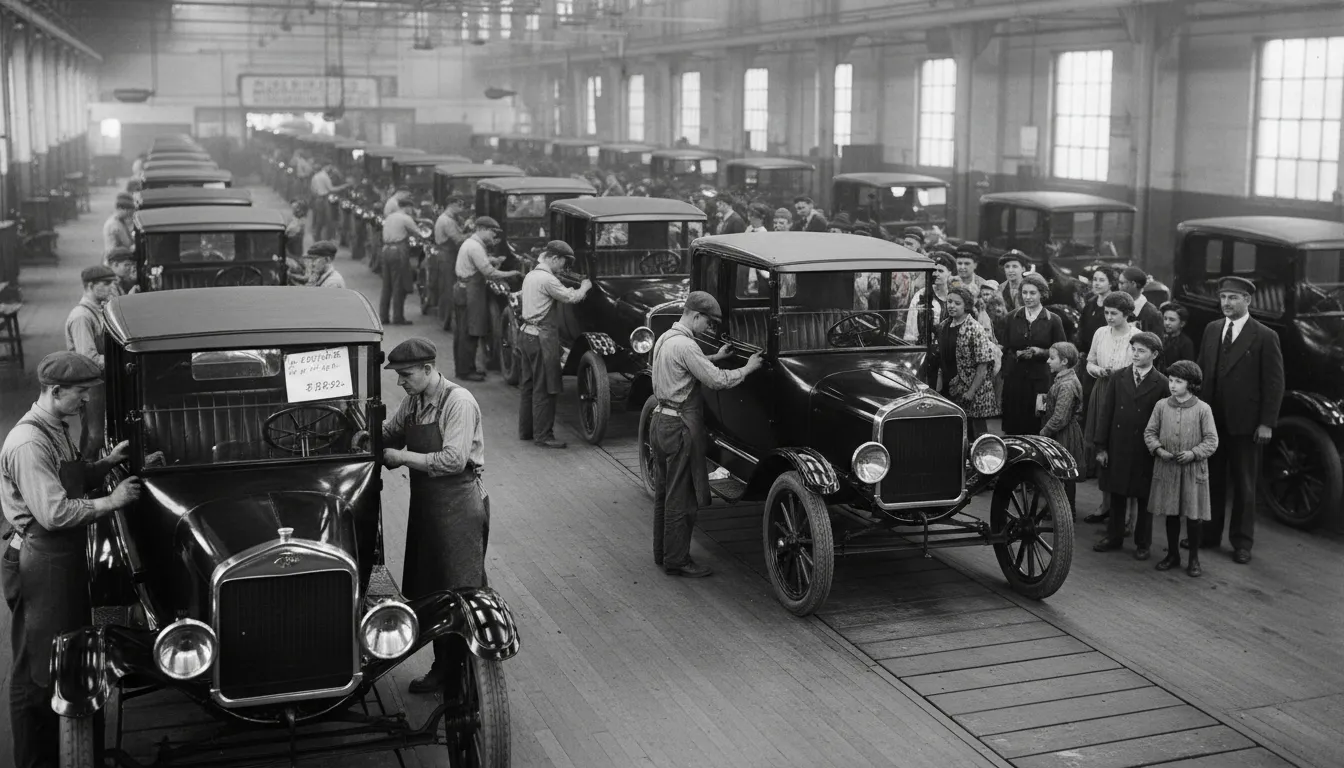 Illustration of mass production: Making large amounts of the same product, usually with machines.