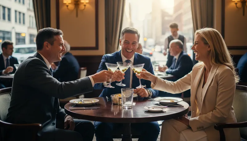 Illustration of three-martini lunch: a long, indulgent lunch with drinks and relaxation.