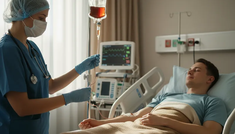 Illustration of transfusion: Process of transferring blood to a patient.
