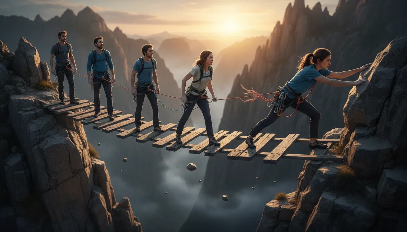 Illustration of on a tightrope: in a risky or dangerous situation