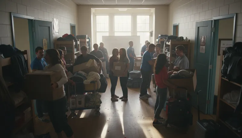 Illustration of dorm: A building where students live at college.