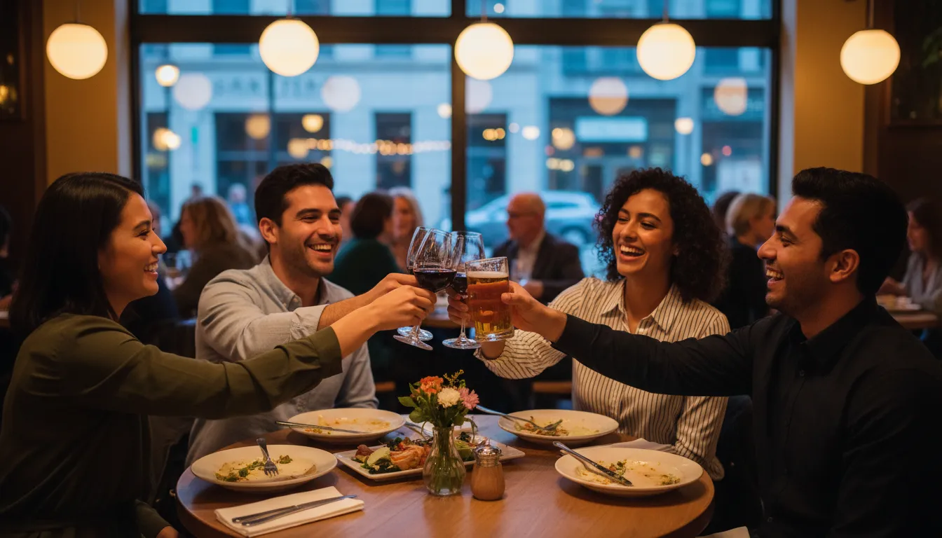 Illustration of eat out: To have a meal at a restaurant instead of at home.