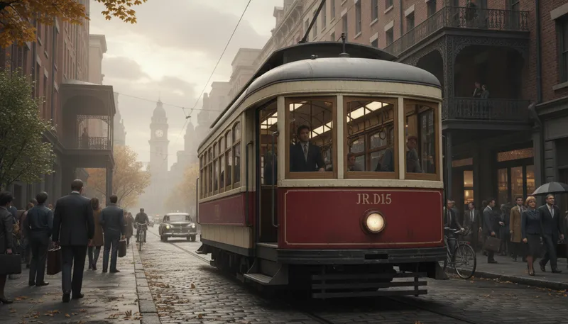 Illustration of streetcar: A vehicle that runs on tracks in city streets.