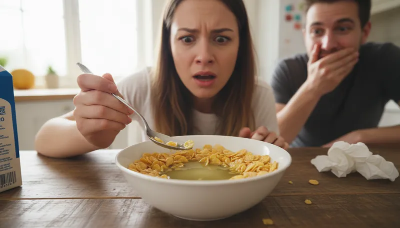 Illustration of pee in someone's cornflakes: spoil someone’s happiness or plans