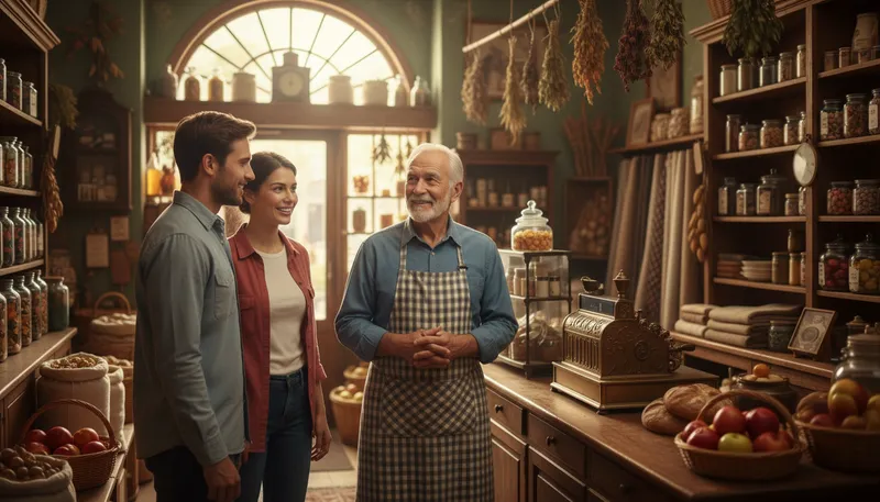 Illustration of shopkeeper: A person who owns or manages a shop.