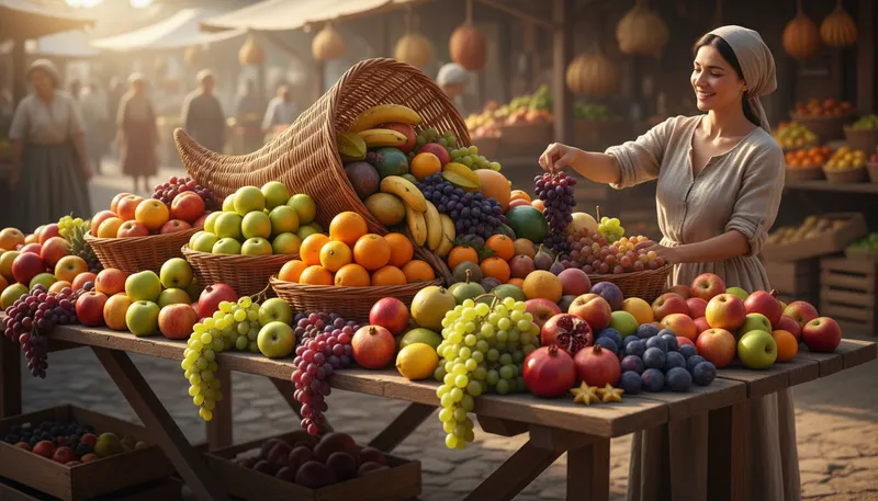 Illustration of cornucopia: A symbol of abundance, often a horn shape.