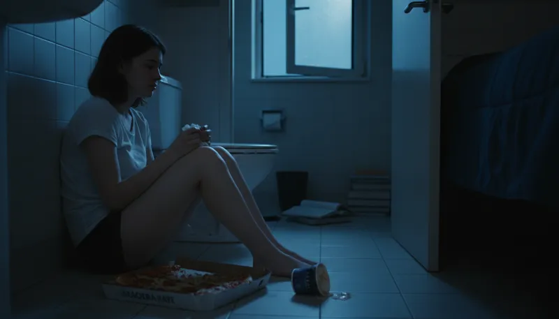 Illustration of bulimia: An eating disorder with bingeing and purging.