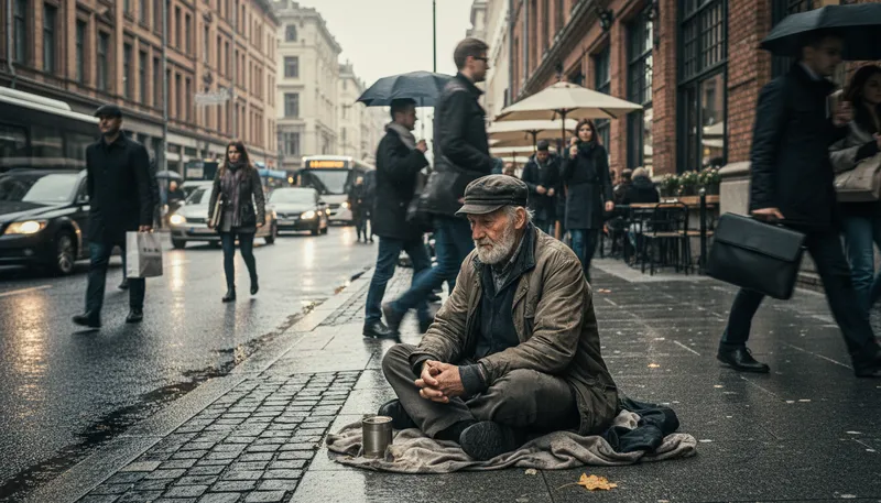 Illustration of beggar: A person who asks for money or food.
