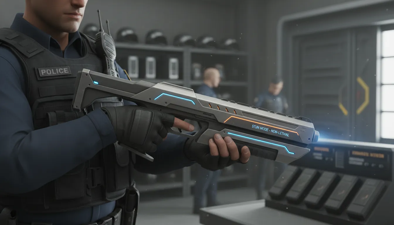 Ilustração de on stun: in a temporary, non-lethal weapon mode