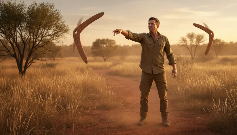 Illustration of boomerang: A curved throwing tool that returns when thrown.
