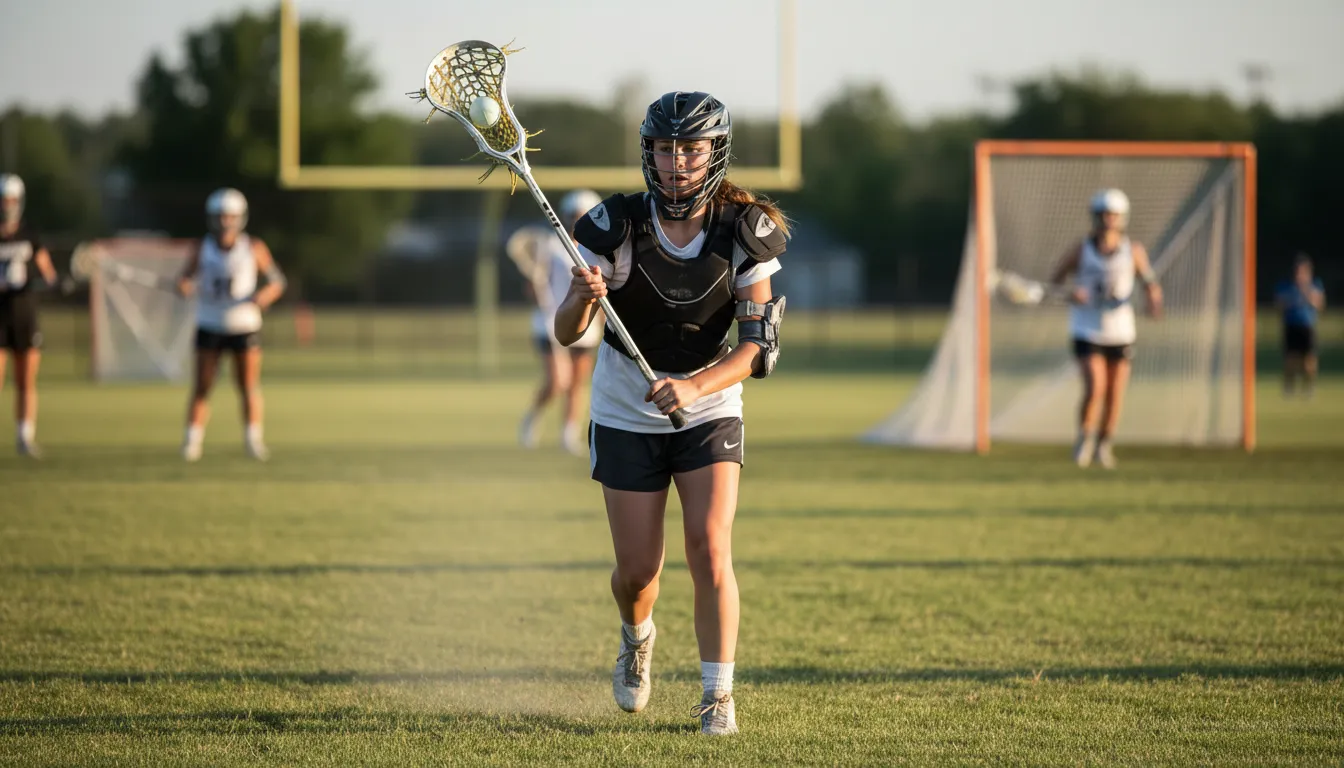 crosse 的插图：a stick with a net used in lacrosse