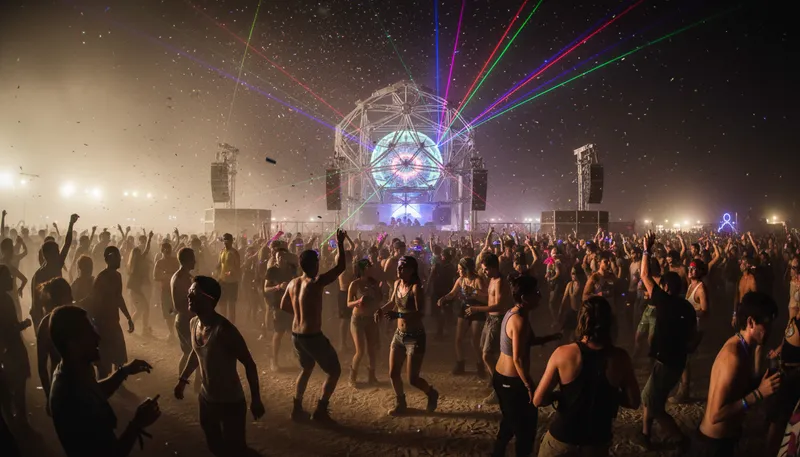 Illustration of rave: A lively party featuring loud music.
