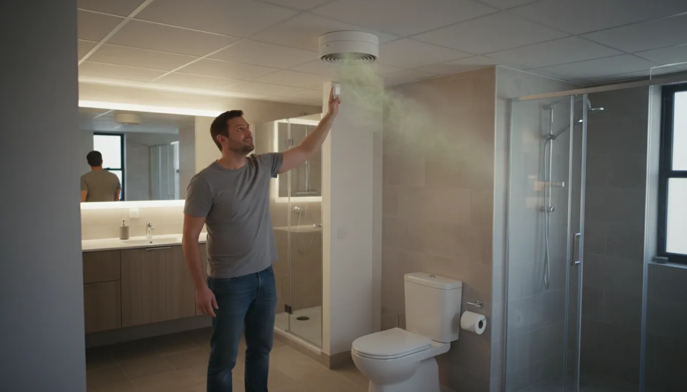 fart fan 的插图：an exhaust fan installed in a bathroom