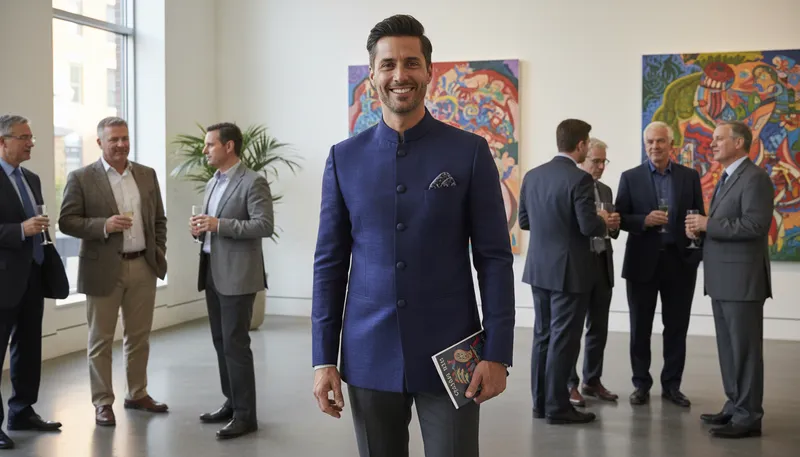 Illustration of nehru: type of jacket with a stand-up collar