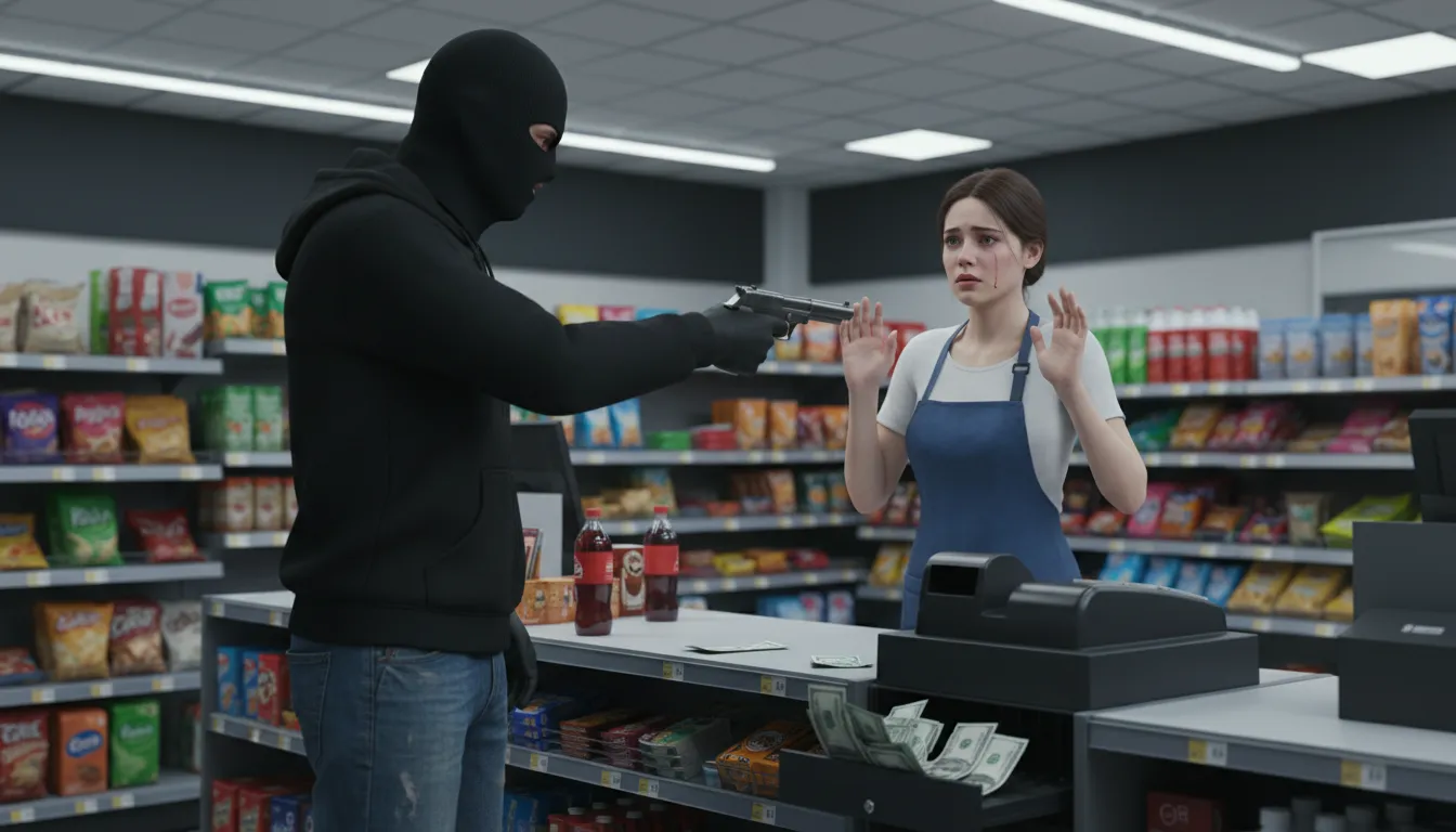 stick up 일러스트: To rob someone with force.