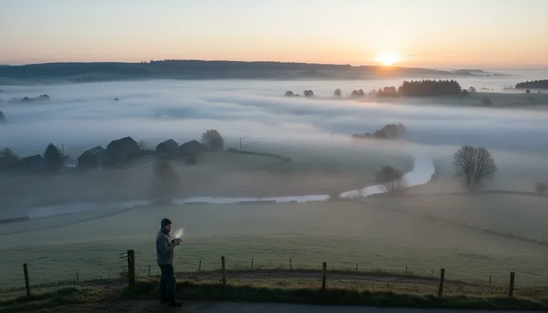 Illustration of mist: A thin fog or spray of water.