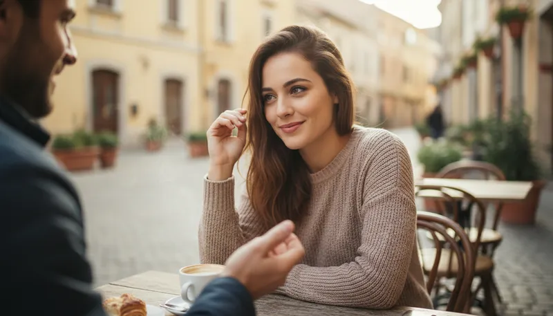Illustration of coy: Shy or pretending to be shy, often playfully.