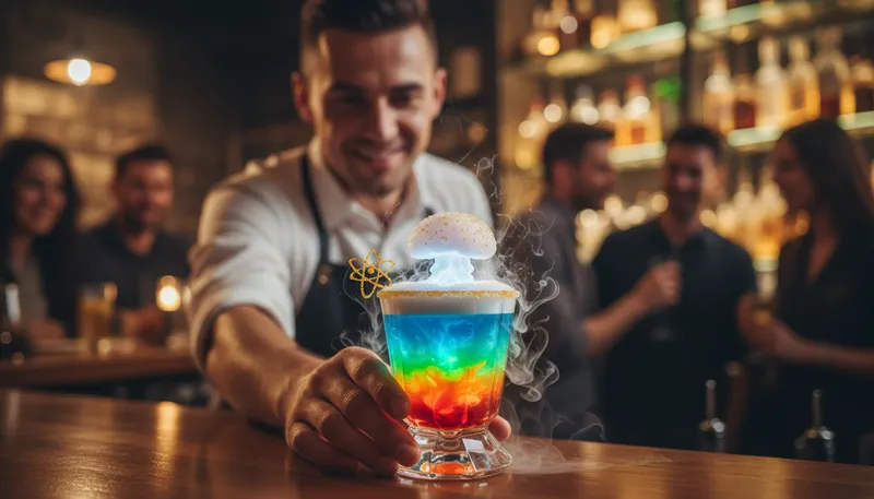 Illustration of atomic cocktail: A strong mixed drink with various ingredients.