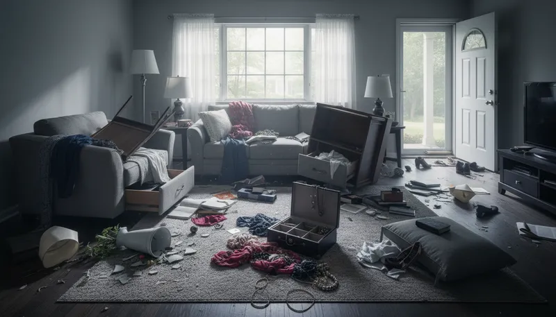 Illustration of ransack: To search thoroughly, often causing disorder.