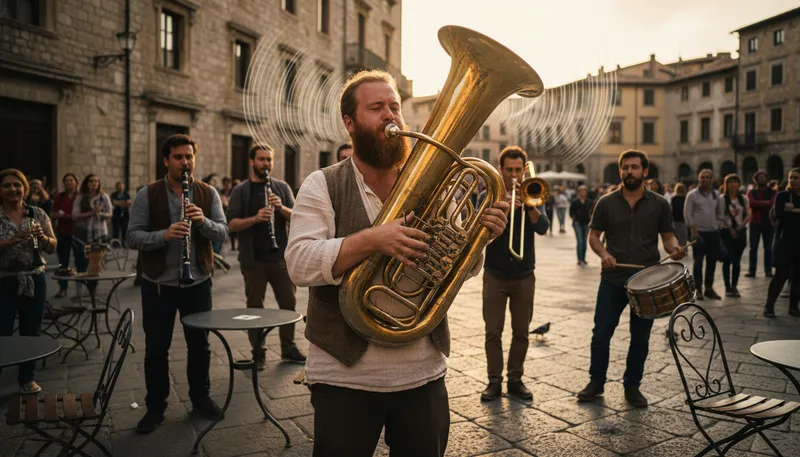 Illustration of tuba: A large brass musical instrument.