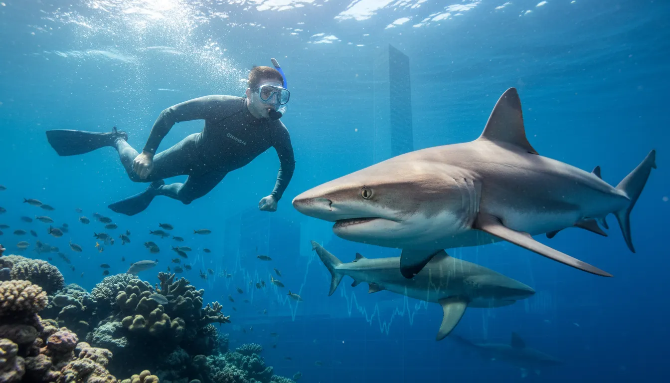 swim with sharks 일러스트: Engage in risky or dangerous activities.