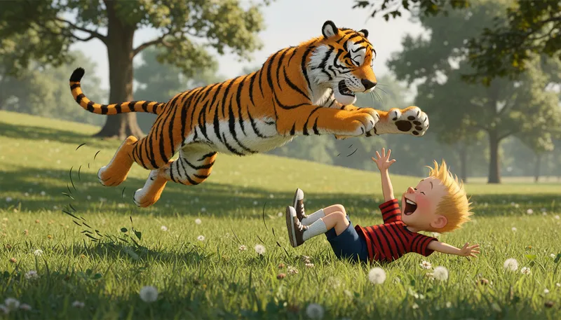 Illustration of hobbes: fictional tiger character in a comic strip