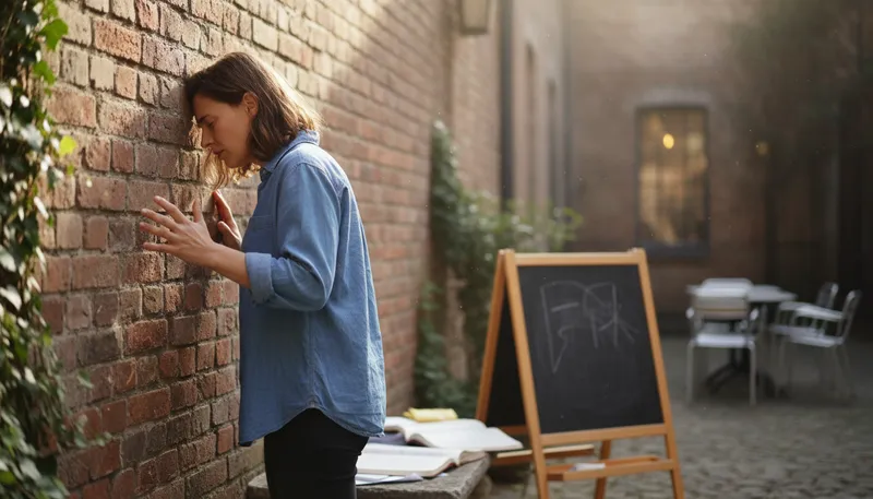 Illustration of bang one's head against a brick wall: Try to solve a problem with no results.
