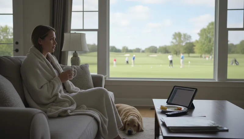 Illustration of golf widow: Wife neglected during golf season.