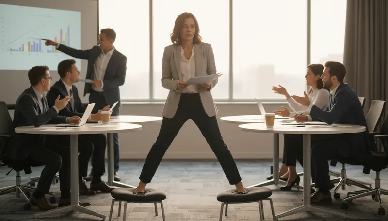 Illustration of caught between two stools: Unable to choose between two alternatives.