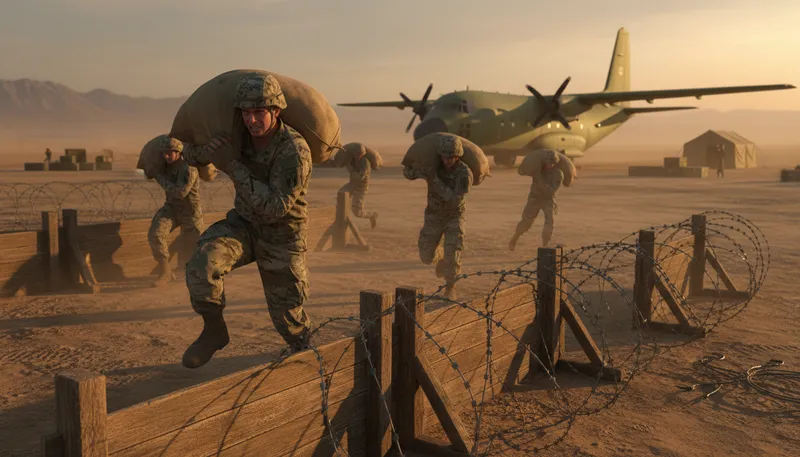Illustration of sack drill: a military exercise for packing supplies quickly