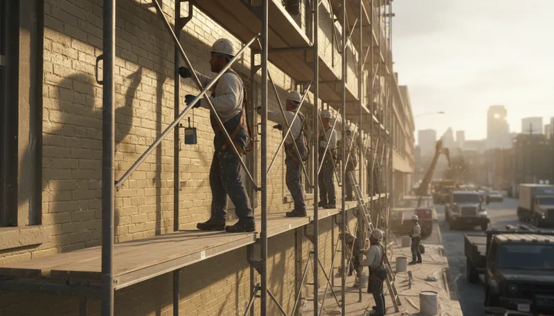 Illustration of scaffold: A temporary structure for supporting workers.