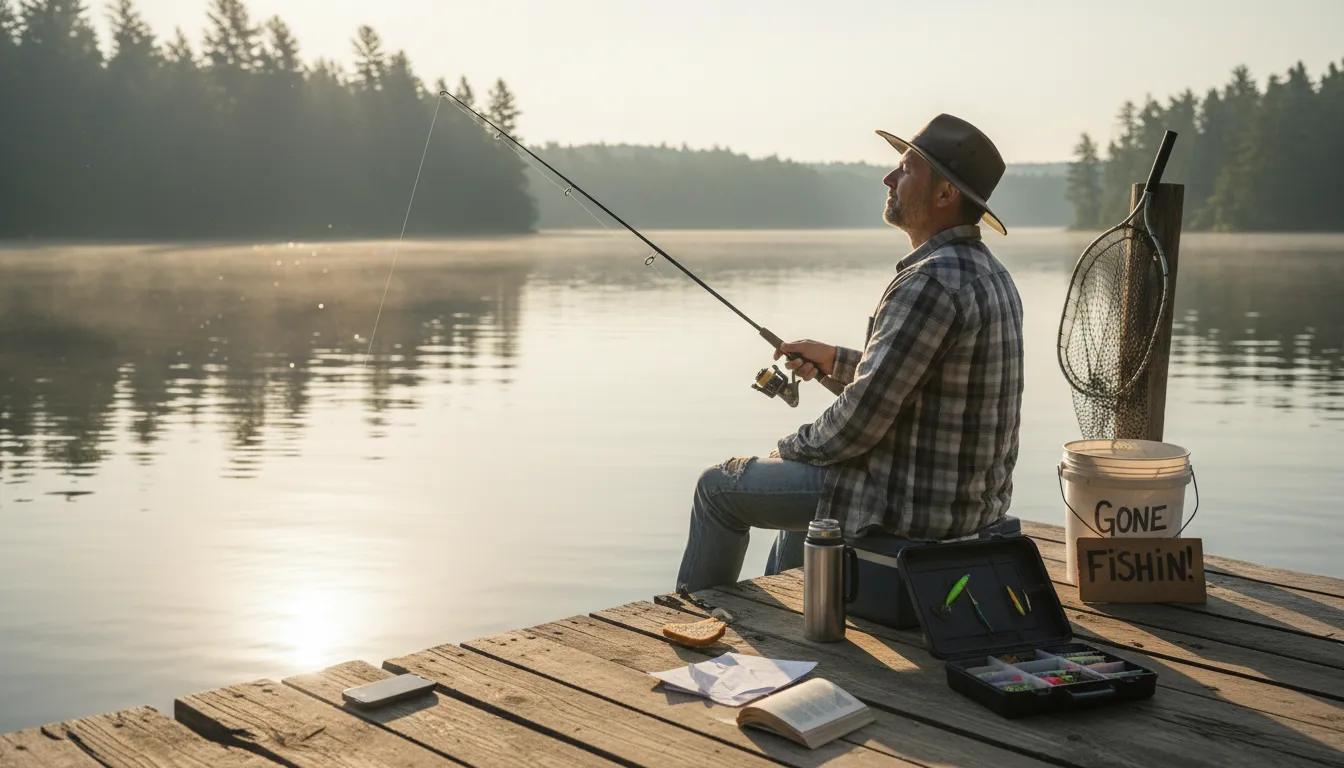 gone fishing 일러스트: Taking a break or leaving temporarily.