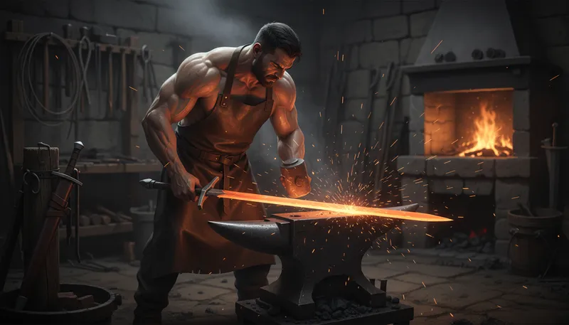 Illustration of steel: A strong metal made from iron and carbon.