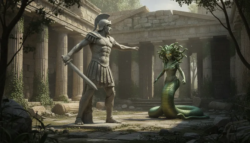 Illustration of gorgon: A creature with snakes for hair in mythology.