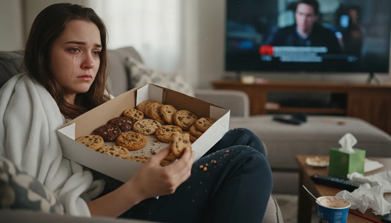 eat one's feelings 的插图：Use food to cope with emotions.
