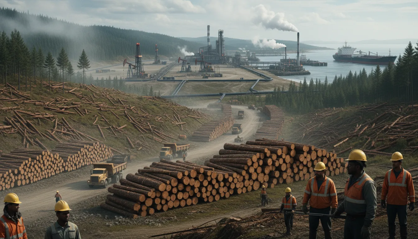 Illustration of natural resources: Materials from nature, such as water, forests, and minerals, that people use.