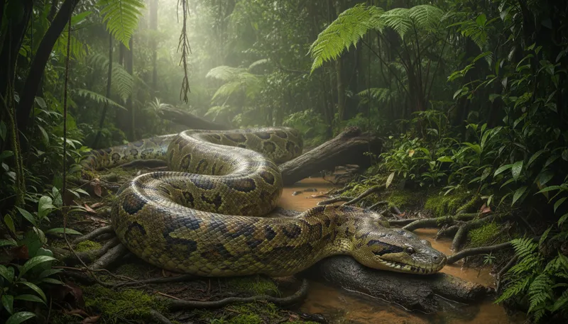 Illustration of anaconda: A large snake that constricts its prey.