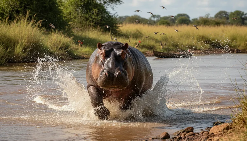 Illustration of hippo: A large, mostly herbivorous mammal found in rivers.