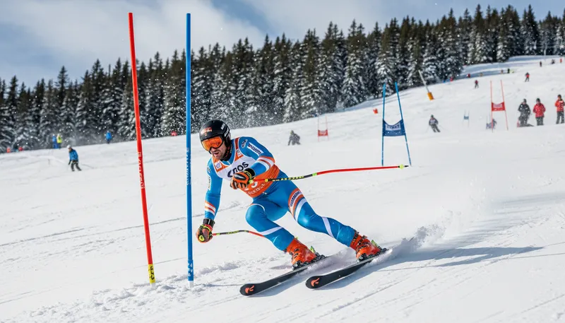 Illustration of slalom: A skiing or driving maneuver around obstacles.