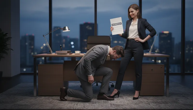 Illustration of kiss someone's ass: To flatter someone for personal gain.