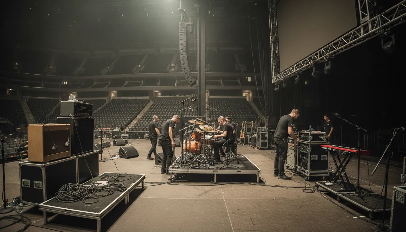 backlineのイラスト：the audio equipment placed on stage behind a band